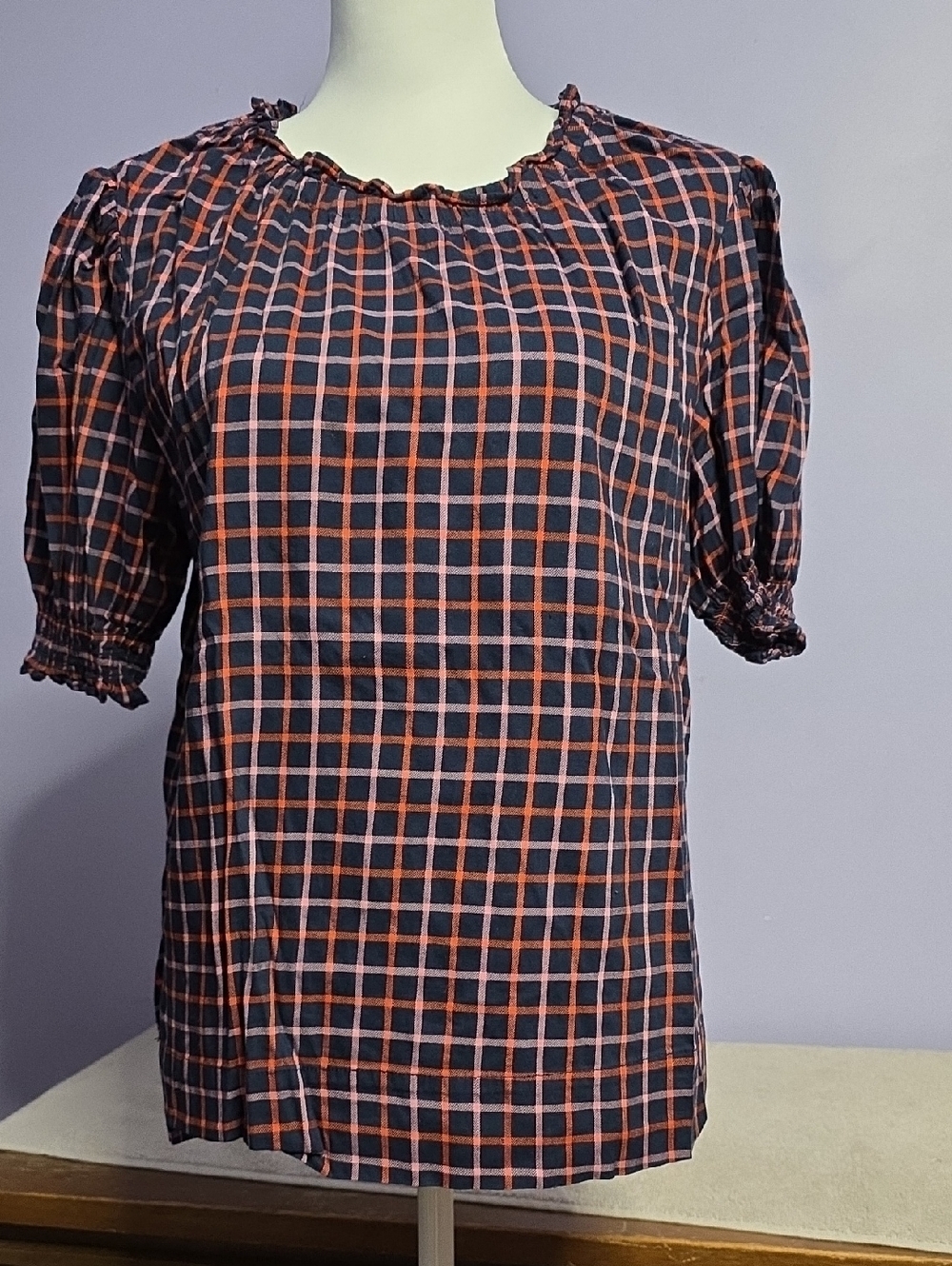 Navy‎ and Coral Check Puff-Sleeve Blouse